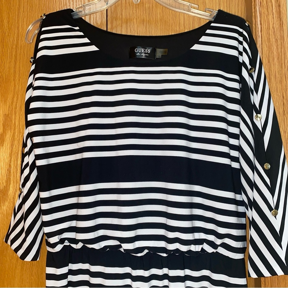 Guess Mini Dress Size 10 Black White Stripe Gathered Waist Gold Buttons Stretch
